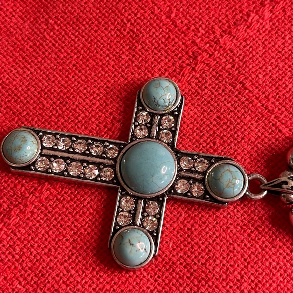 Dfl VIMCI Turquoise, Silver Tone, C.Z. Diamonds Cross Necklace, Earring Set - Picture 16 of 16